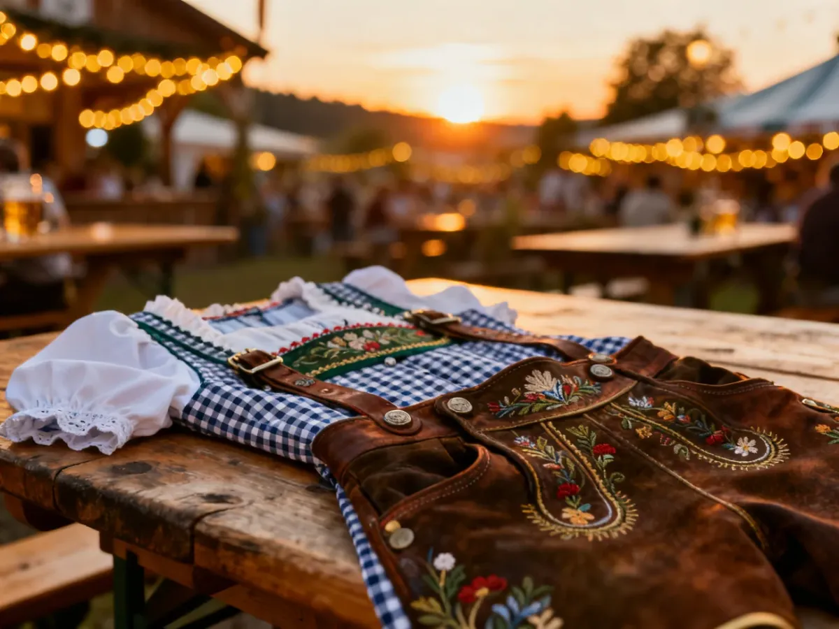Tradycyjne bawarskie lederhosen i wzorzysty fartuch dirndl na drewnianym stole w klimacie Oktoberfest.