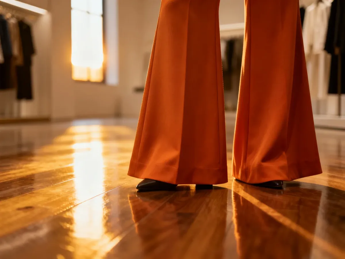 Zbliżenie na eleganckie spodnie z rozszerzanymi nogawkami w minimalistycznym wnętrzu butiku.