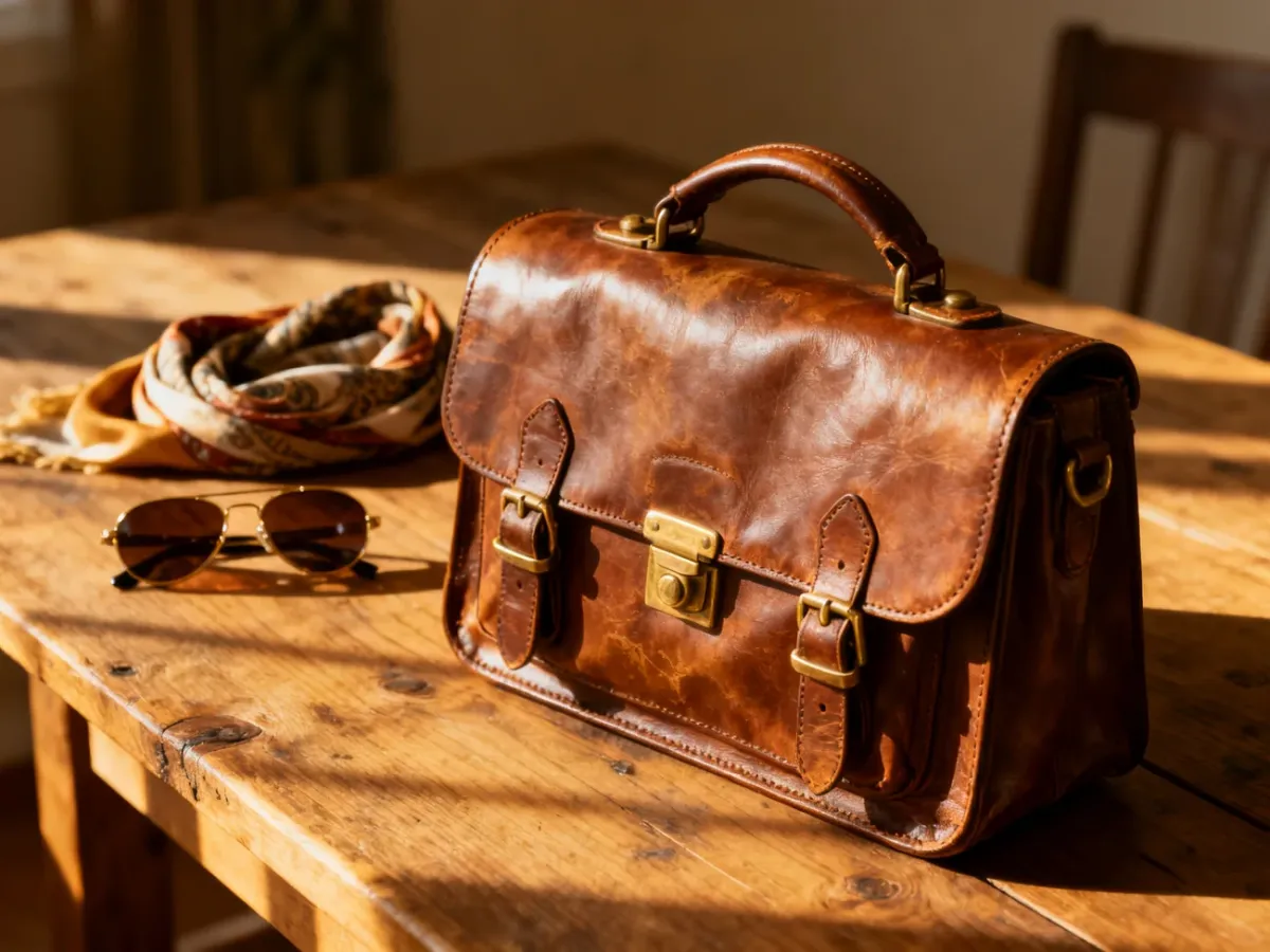 Klasyczna skórzana torebka z mosiężnymi klamrami na drewnianym stole w otoczeniu dodatków w stylu vintage.