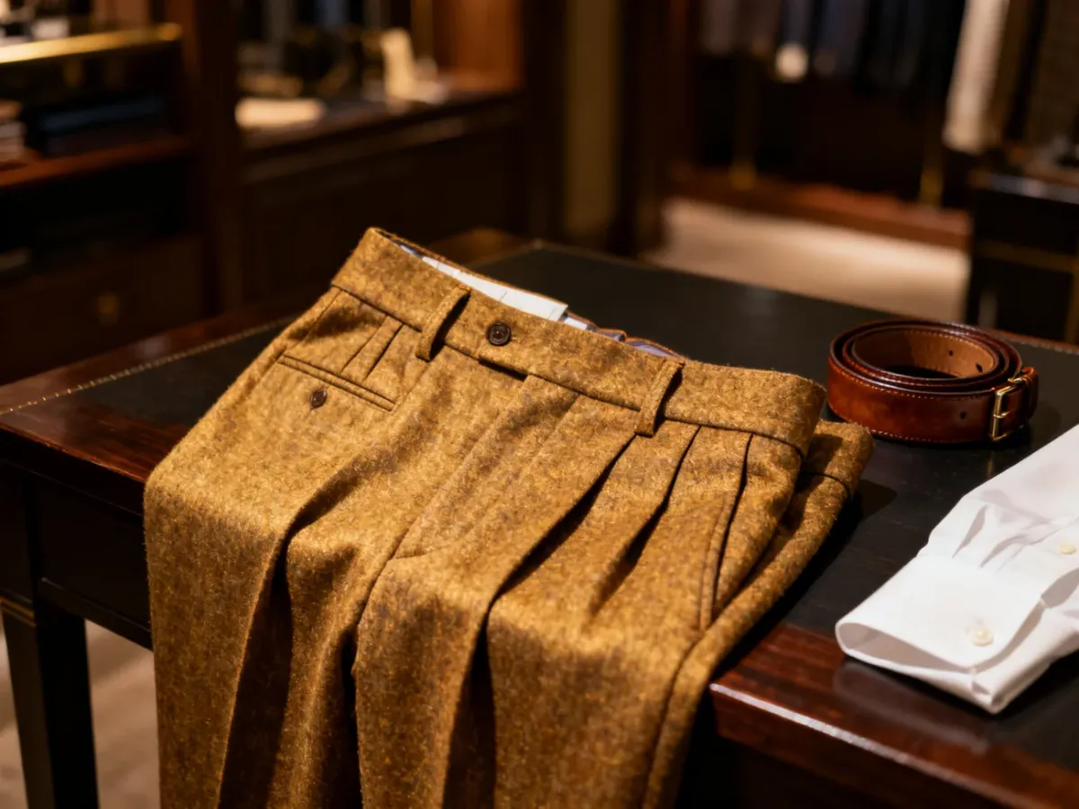 Eleganckie wełniane spodnie z zakładkami, skórzany pasek i biała koszula na krawieckim stole w stylowym butiku.