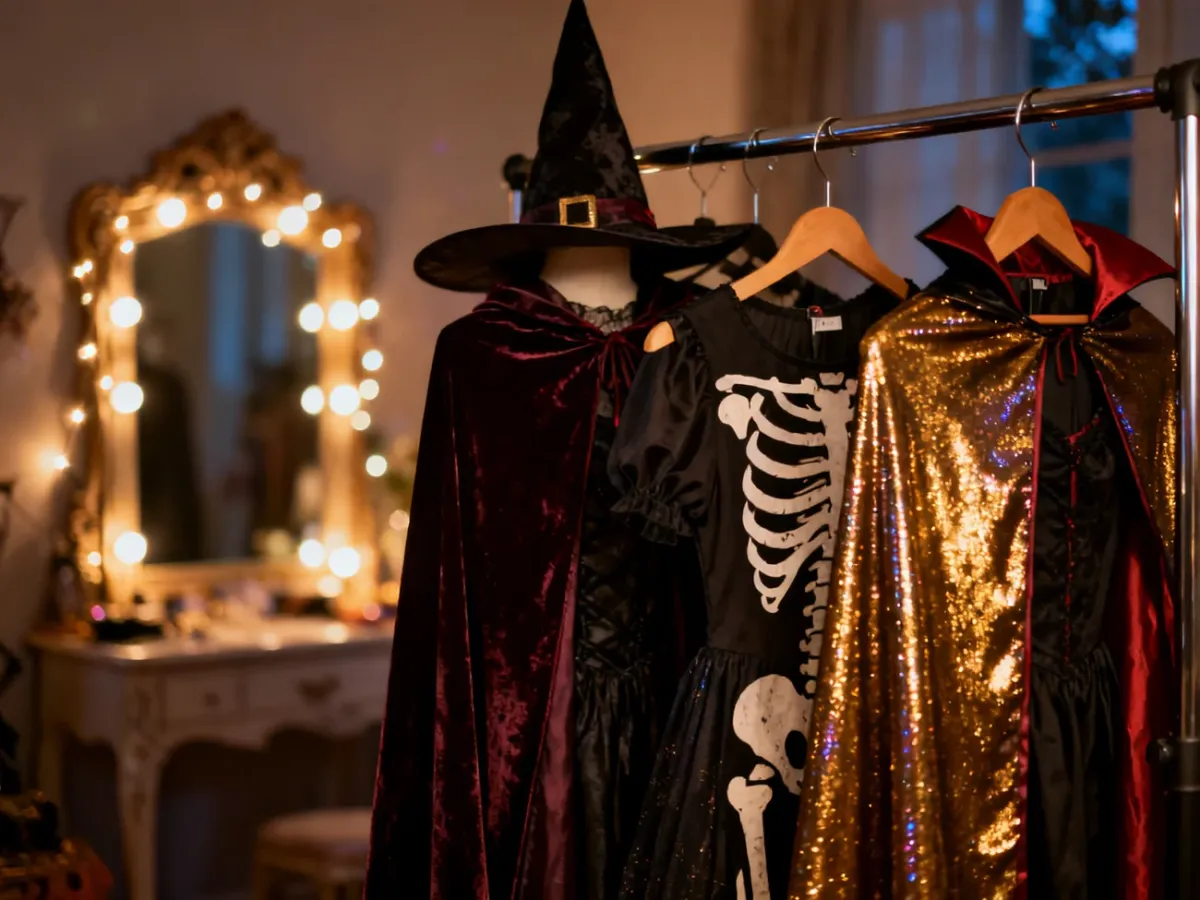 Stojak z kostiumami na Halloween, w tym peleryną wampira i sukienką w szkielety, w nastrojowej garderobie.
