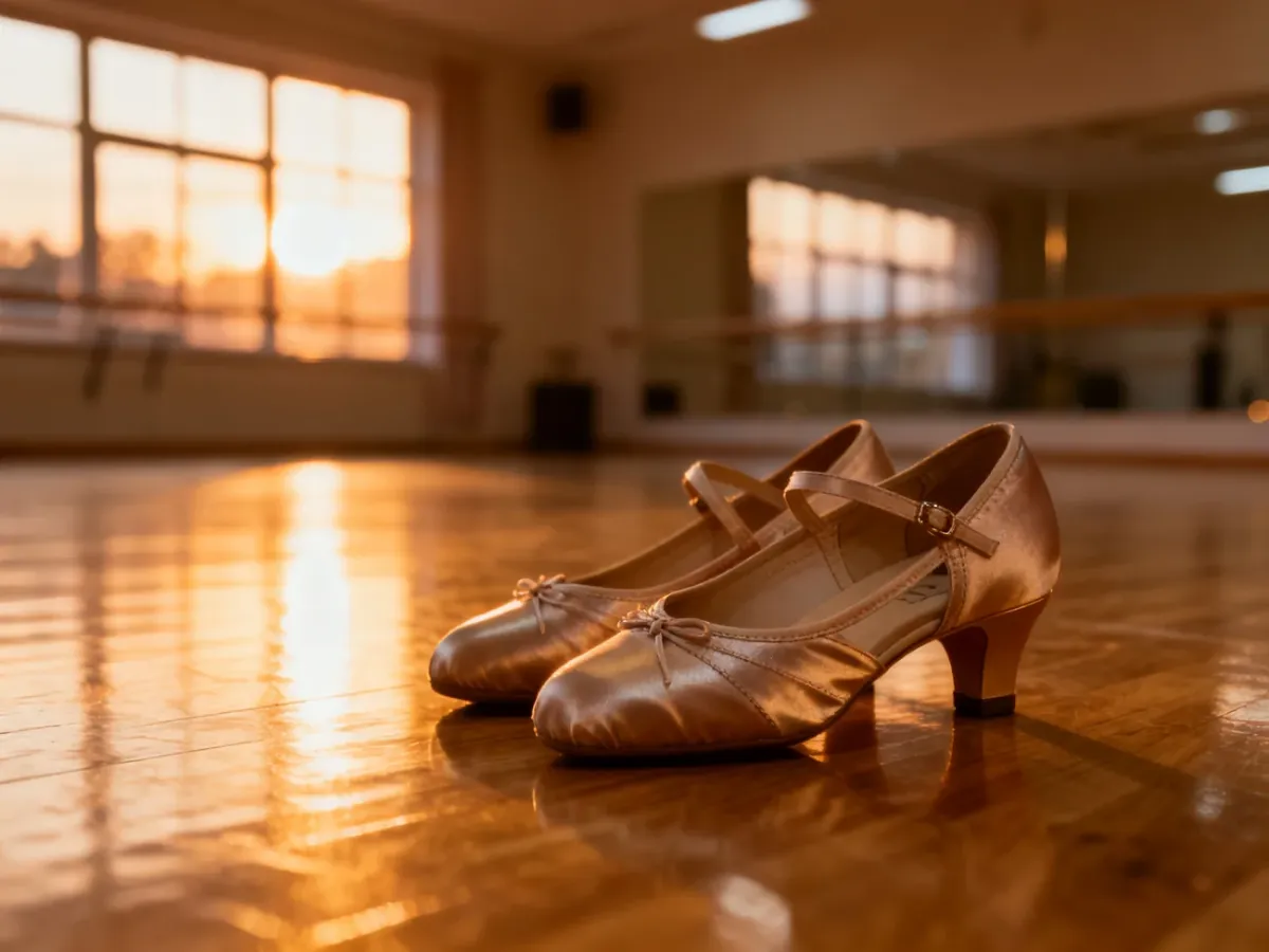 Eleganckie buty do tańca na drewnianym parkiecie w słonecznym studiu tanecznym.