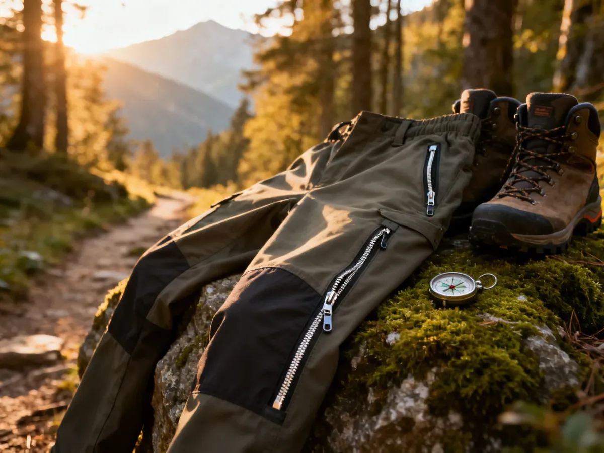 Damskie spodnie trekkingowe z odpinanymi nogawkami, buty górskie i kompas na mszystym kamieniu w leśnej scenerii.