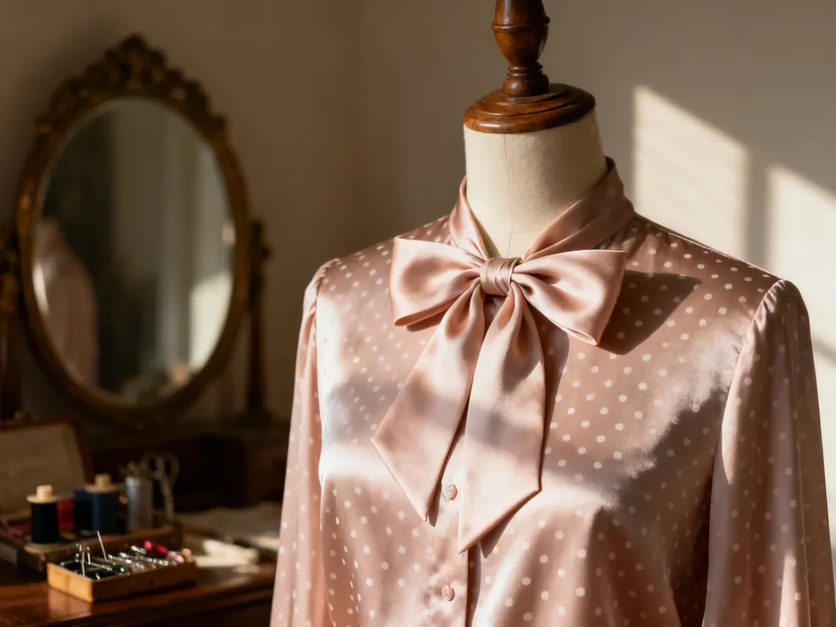 Jedwabna bluzka w groszki z elegancką kokardą pod szyją, zaprezentowana na drewnianym manekinie w stylu retro.