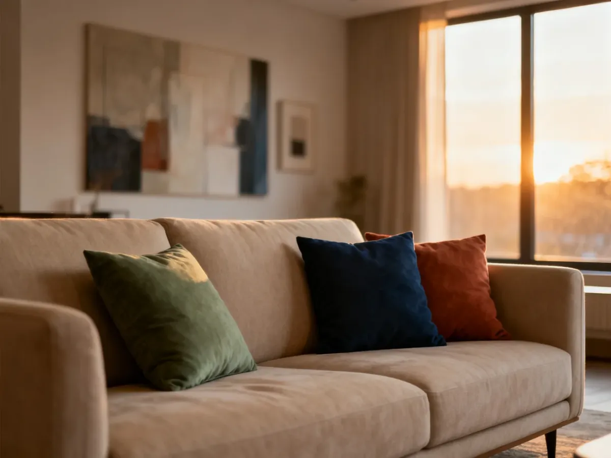 Beżowa sofa z poduszkami w kolorach szałwiowej zieleni, granatu i terakoty w przytulnym, minimalistycznym salonie.