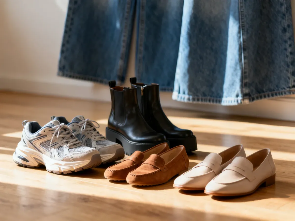 Zestawienie modnych sneakersów, botków na platformie i mokasynów pasujących do szerokich jeansów na drewnianej podłodze.