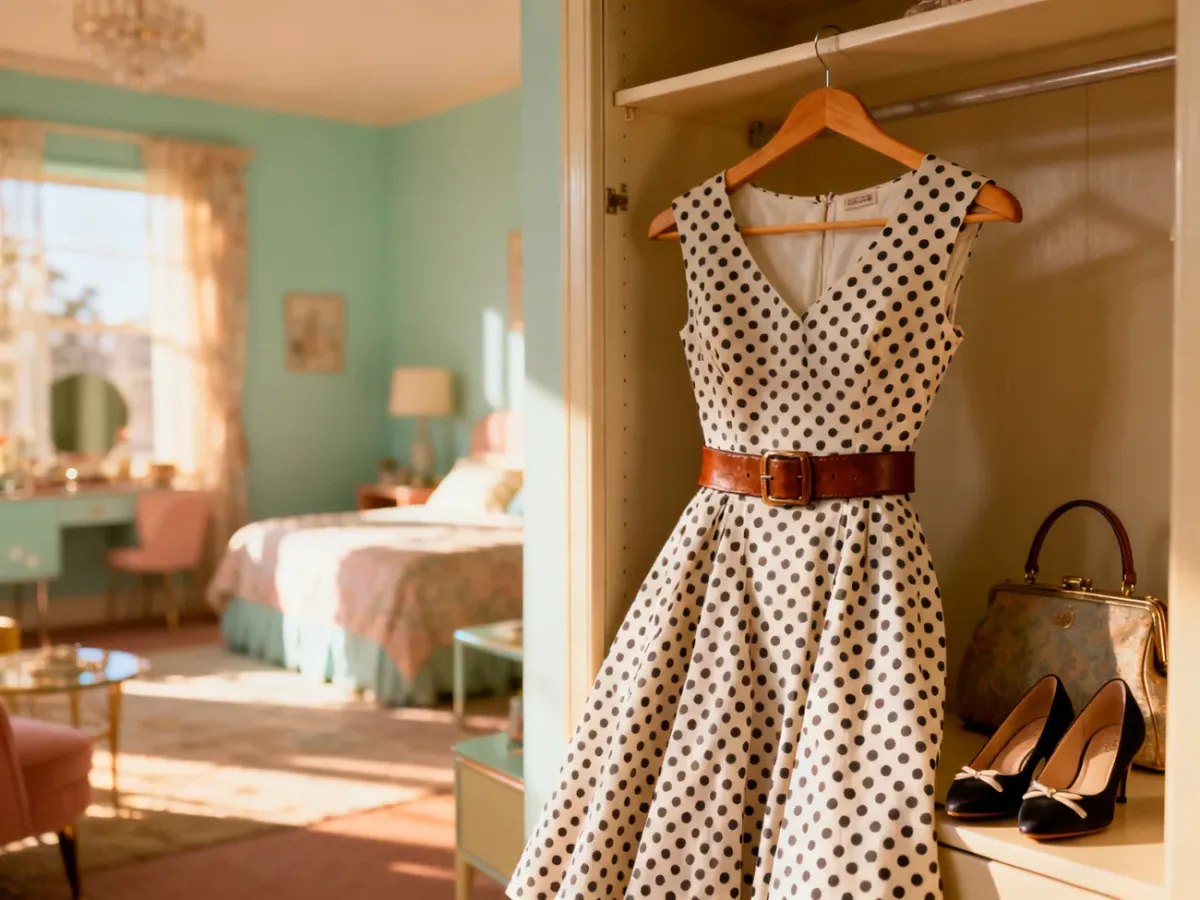 Sukienka w grochy, eleganckie czółenka i torebka w stylu lat 50. w słonecznej sypialni z meblami retro.