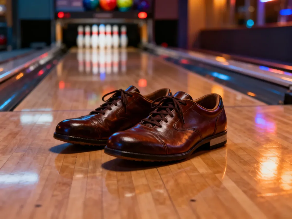 Profesjonalne buty do kręgli na drewnianym torze z rozmytymi kręglami w tle, podkreślające znaczenie odpowiedniego obuwia.