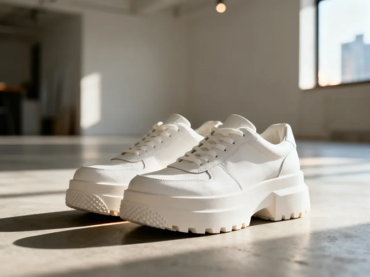 Białe sneakersy na masywnej platformie stojące na betonowej podłodze w słonecznym lofcie.