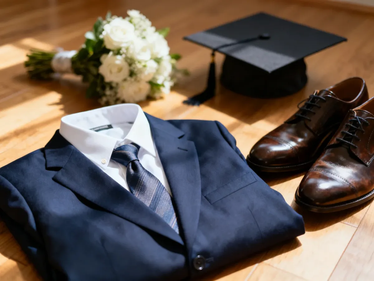 Elegancki zestaw na zakończenie roku: granatowa marynarka, biała koszula, krawat i skórzane buty na drewnianym tle.