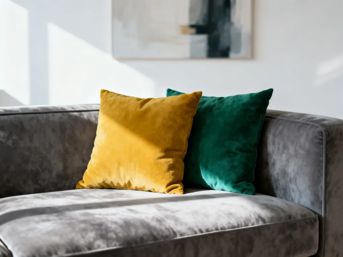 Szara sofa z poduszkami w kolorze musztardowym i szmaragdowym, prezentująca modne połączenia barw w minimalistycznym salonie.