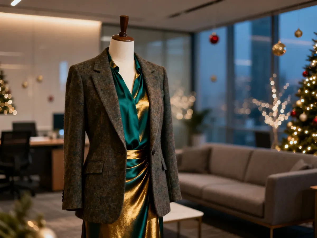 Elegancka stylizacja na wigilię firmową: szmaragdowa marynarka i jedwabna bluzka w świątecznym, biurowym wnętrzu.