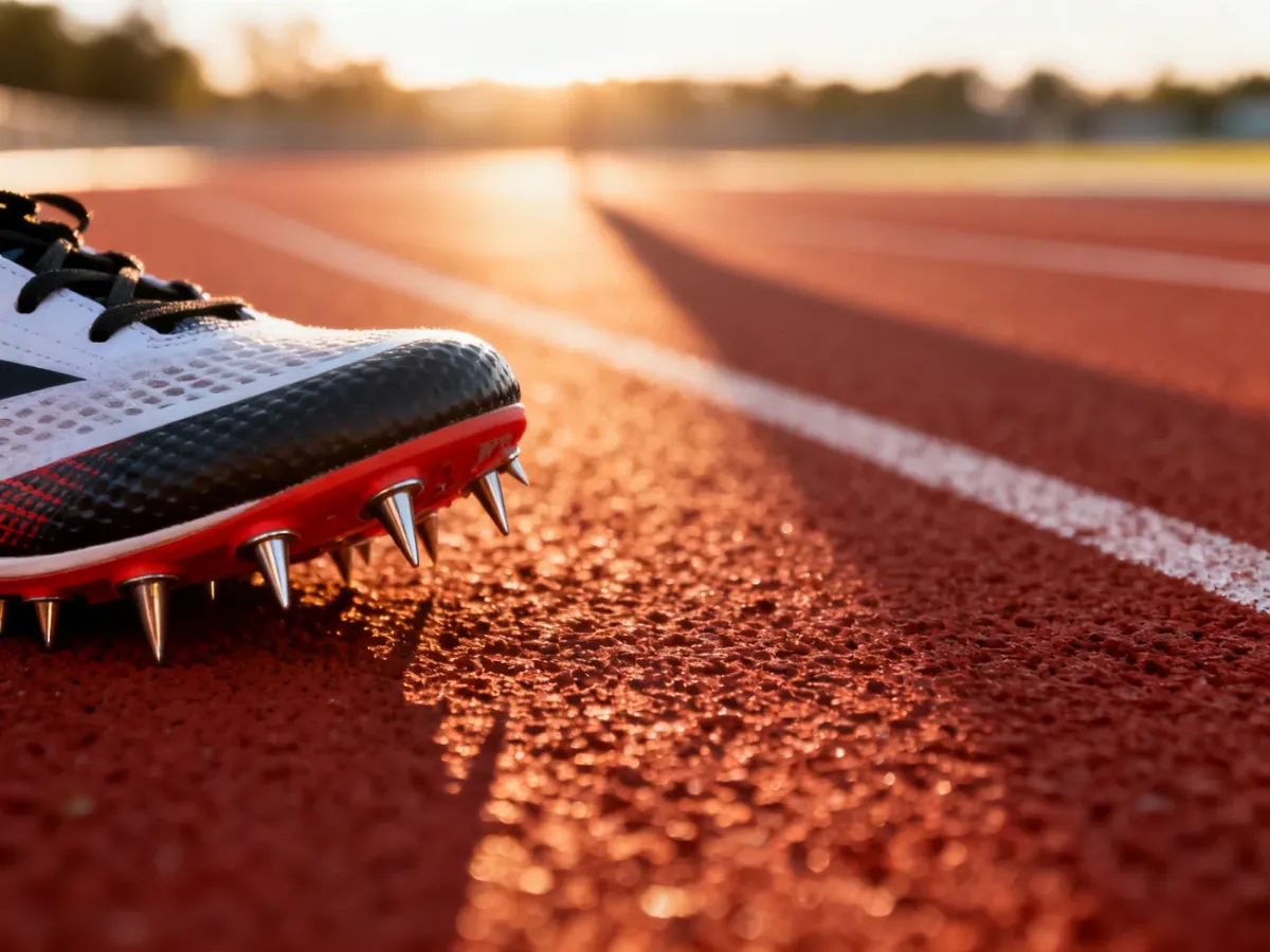Profesjonalne buty z kolcami na bieżni lekkoatletycznej w świetle poranka, gotowe do treningu szybkościowego.