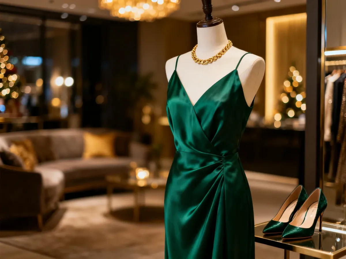 Elegancka szmaragdowa sukienka z biżuterią i szpilkami na manekinie, idealna propozycja stylizacji na imprezę dla 50-latki.