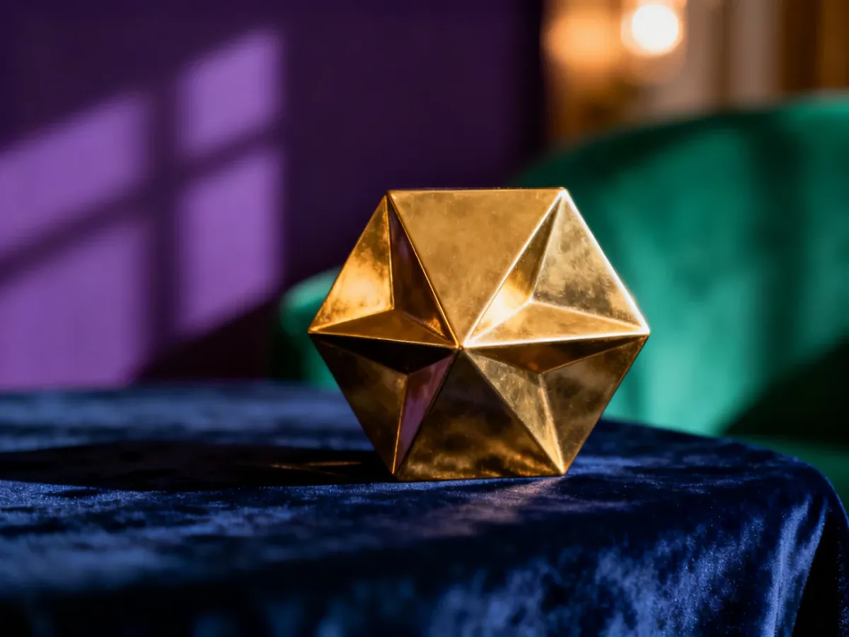 Złota geometryczna rzeźba na granatowym aksamicie, prezentująca eleganckie połączenie złota z głębokimi odcieniami.