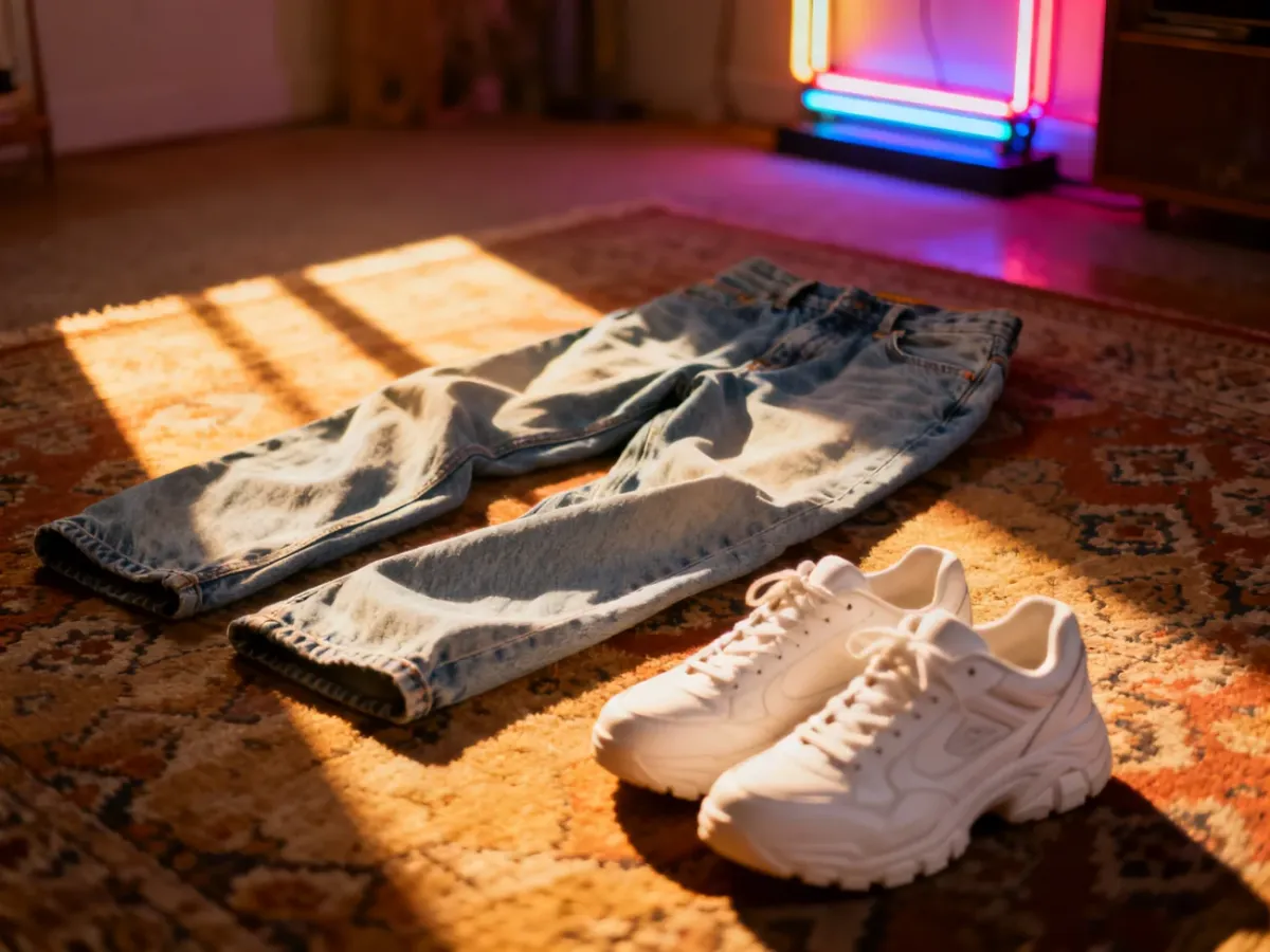 Jasne, szerokie jeansy w stylu lat 90. zestawione z masywnymi białymi sneakersami na tle w klimacie retro.