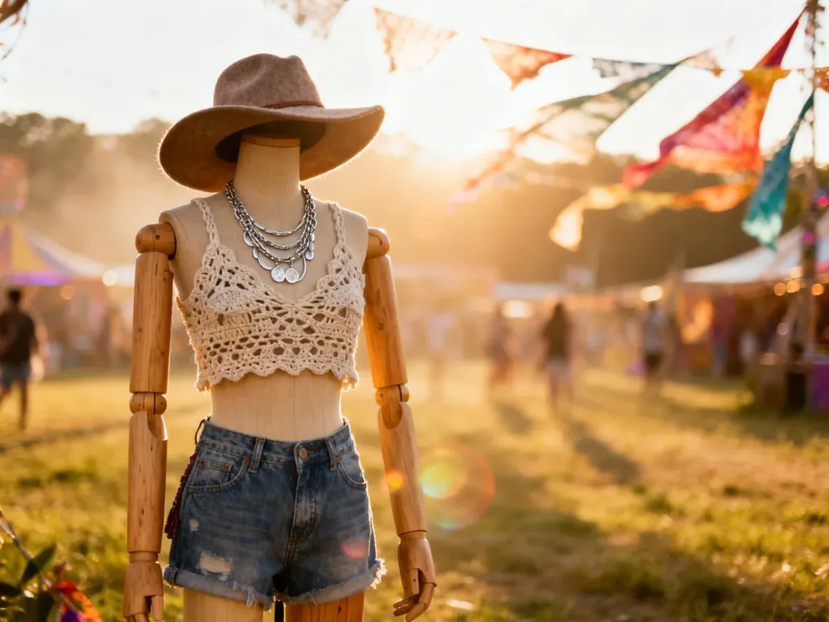 Stylizacja w stylu boho-chic na manekinie: szydełkowy top, szorty i kapelusz na tle słonecznego festiwalu.