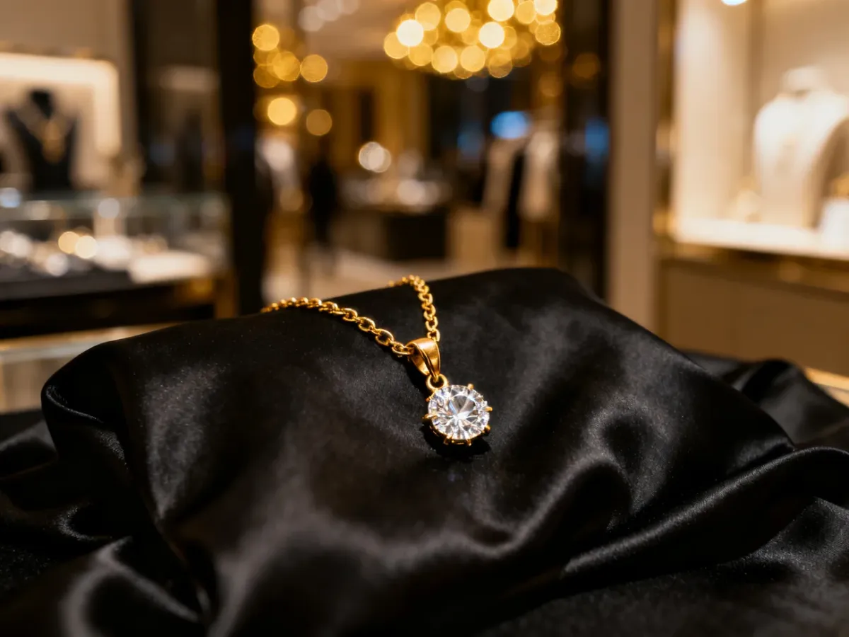 Złoty naszyjnik z diamentową zawieszką na czarnej sukience, stanowiący elegancki dodatek do wieczorowej stylizacji.