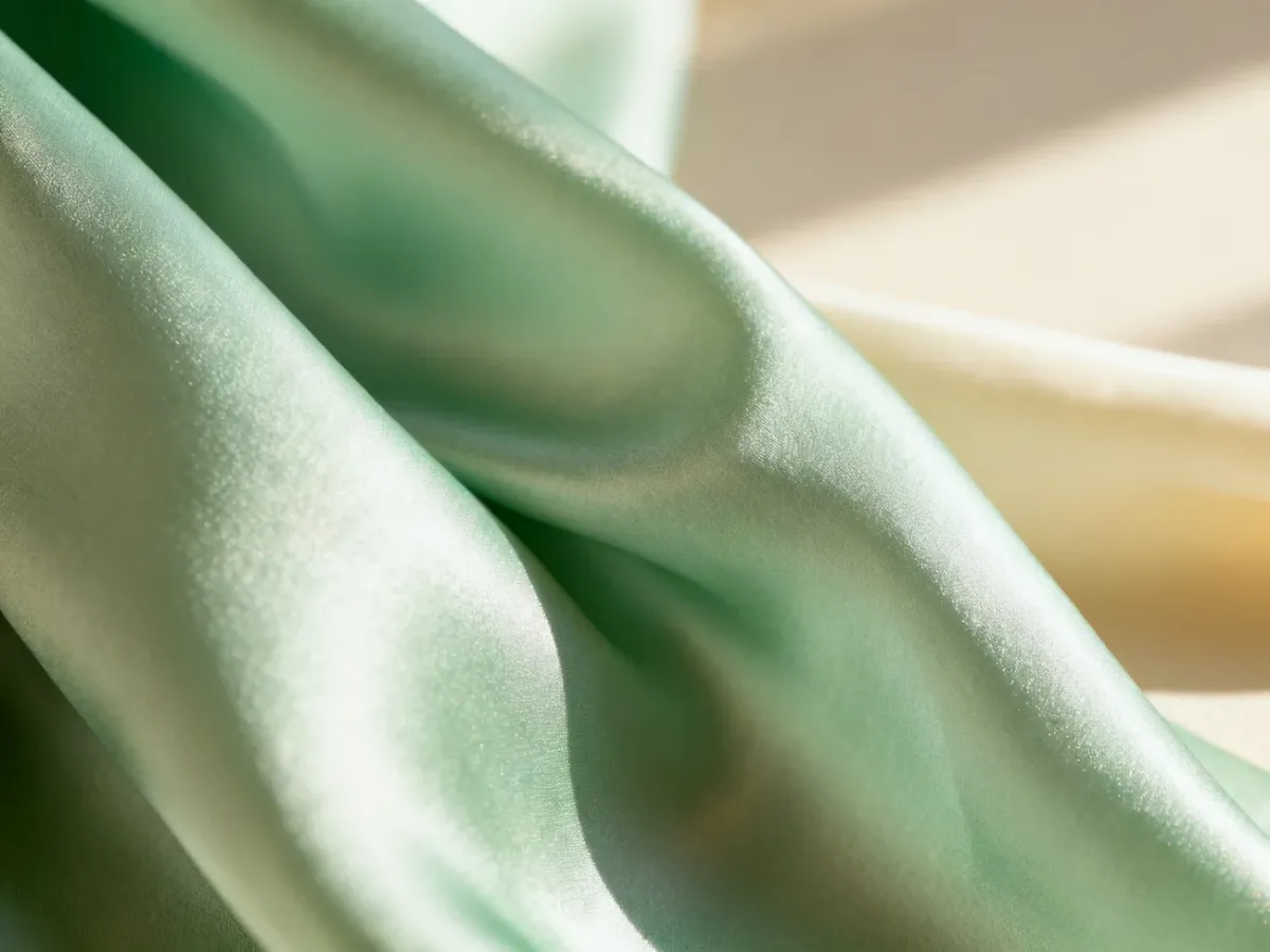Zbliżenie na elegancką, jedwabną tkaninę w kolorze pistacjowym z delikatnymi załamaniami materiału.