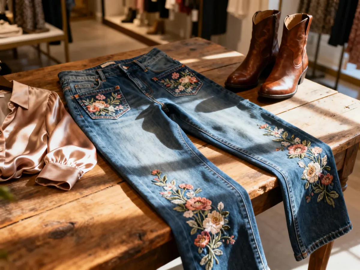 Stylowe jeansy z kwiatowym haftem zestawione z jedwabną bluzką i skórzanymi botkami na drewnianym stole.