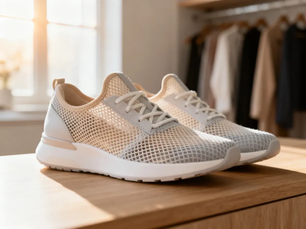 Stylowe damskie sneakersy z siateczki na drewnianym blacie w jasnej, minimalistycznej garderobie.