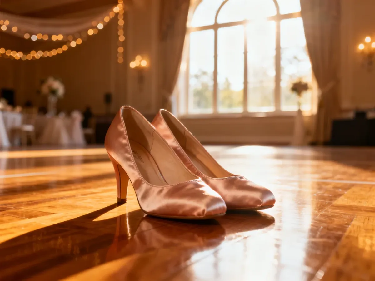 Eleganckie satynowe buty do tańca na parkiecie w sali weselnej, podkreślające komfort i styl podczas zabawy.