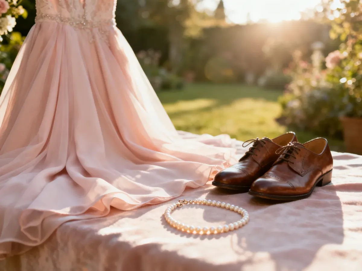 Elegancka sukienka w pastelowym kolorze, klasyczne buty i perły przygotowane jako stylizacja na chrzciny.