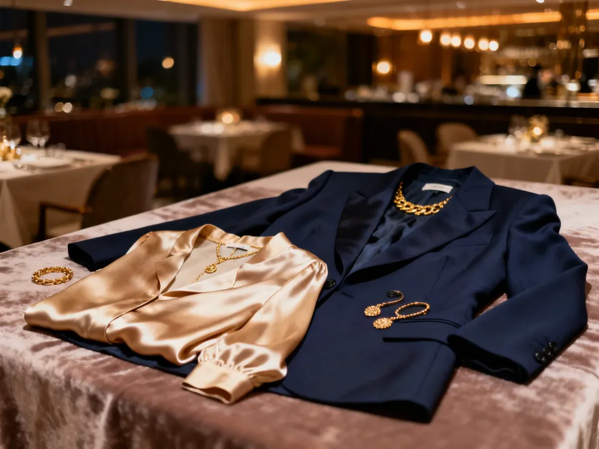 Elegancka stylizacja na 50. urodziny: granatowa marynarka, jedwabna bluzka i złota biżuteria w luksusowym wnętrzu restauracji.