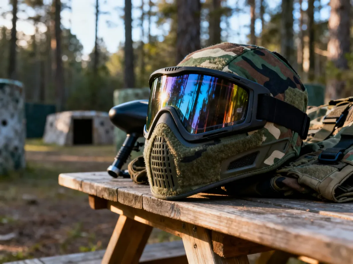 Profesjonalny sprzęt do paintballa, w tym gogle ochronne i odzież moro, przygotowane do gry na leśnym polu bitwy.