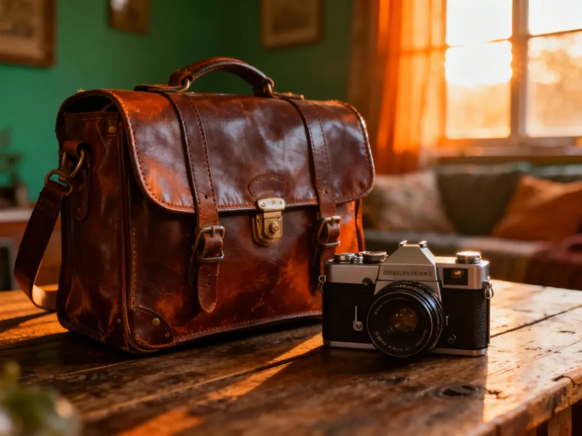 Skórzana torba w stylu retro i klasyczny aparat fotograficzny na drewnianym stole, budujące nostalgiczny klimat.