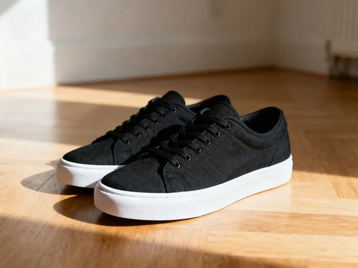 Czarne sneakersy z białą podeszwą stojące na drewnianej podłodze w słonecznym, minimalistycznym wnętrzu.