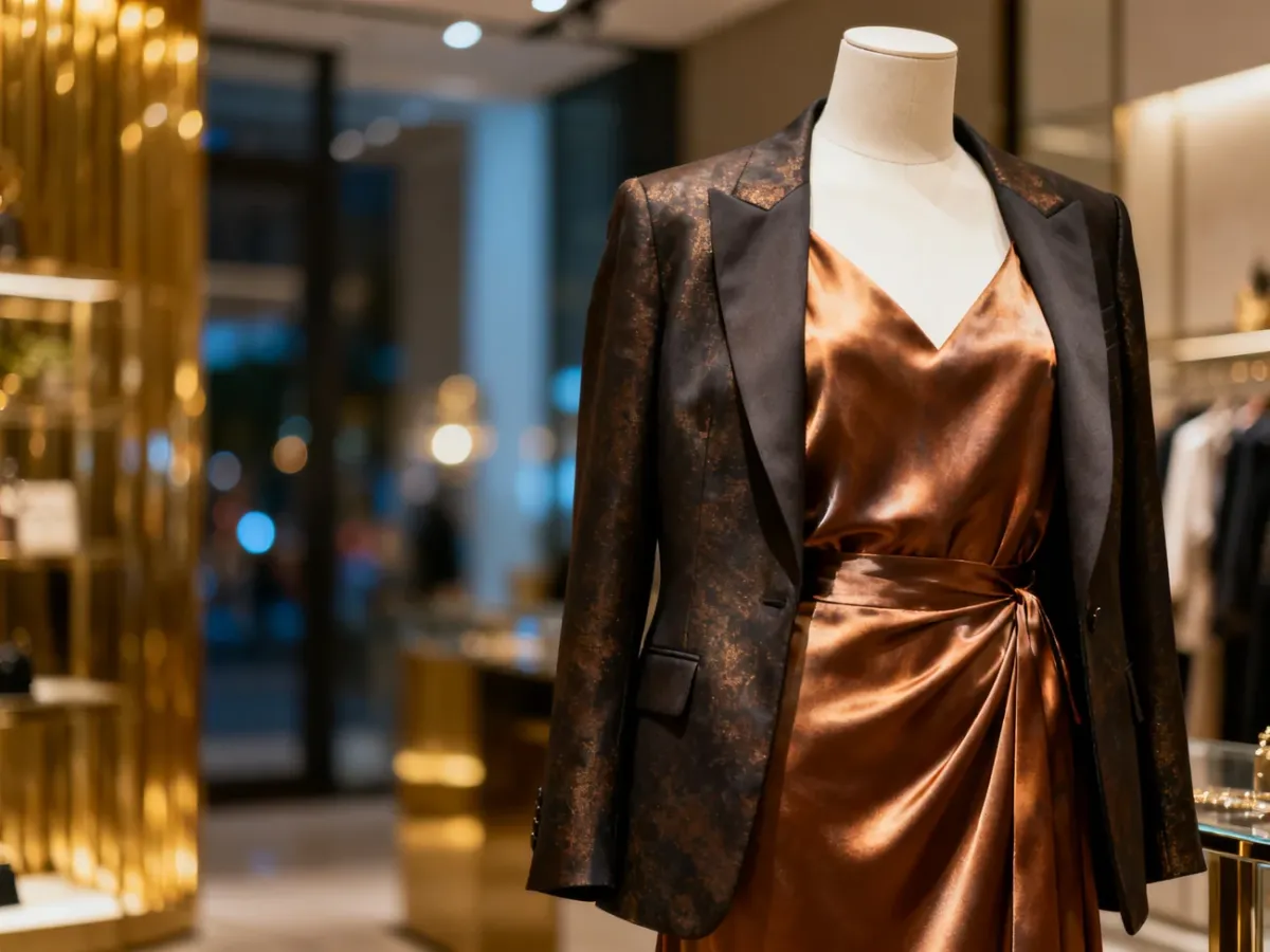Elegancka sukienka z jedwabiu i żakiet na manekinie w luksusowym butiku, idealna propozycja na wyrafinowaną stylizację.