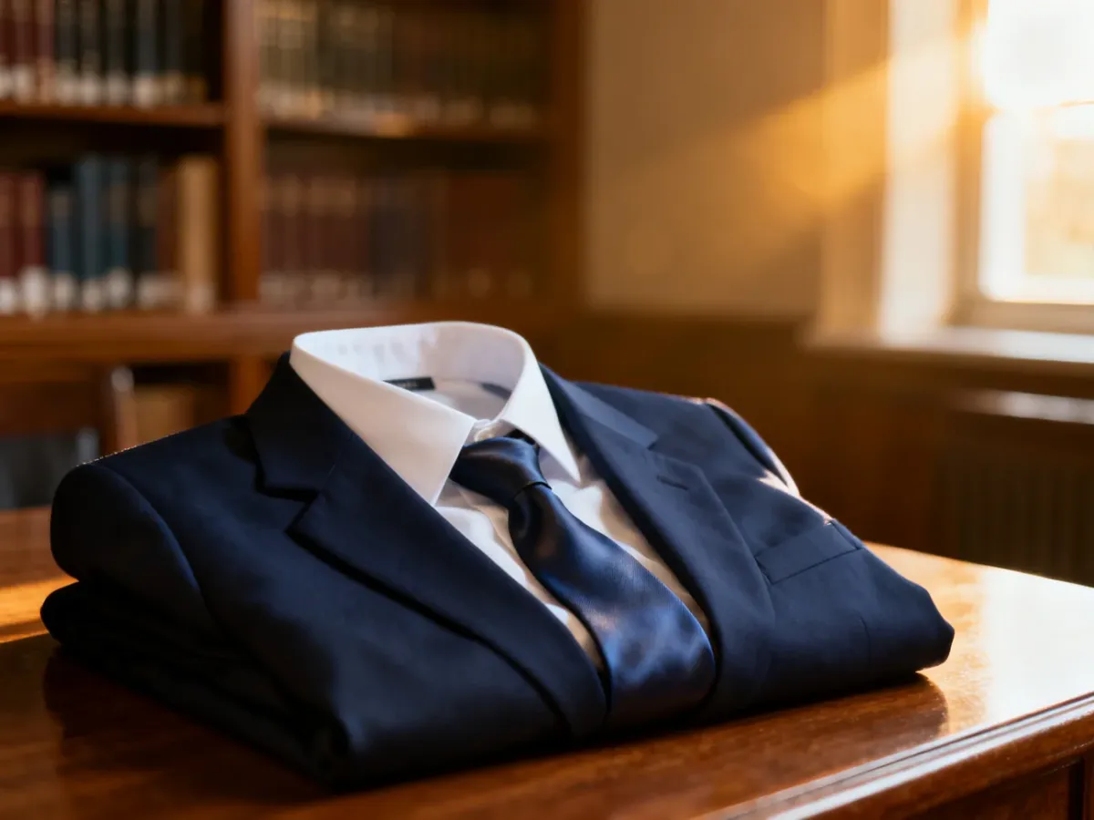 Elegancka granatowa marynarka z białą koszulą i krawatem, przygotowana jako klasyczna stylizacja na egzamin maturalny.