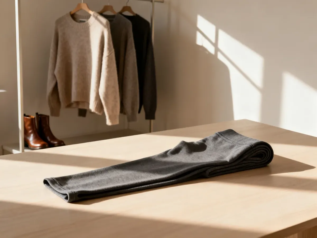 Starannie złożone legginsy na drewnianym blacie w otoczeniu modnych swetrów i botków, tworzące inspirację do stylowej garderoby.