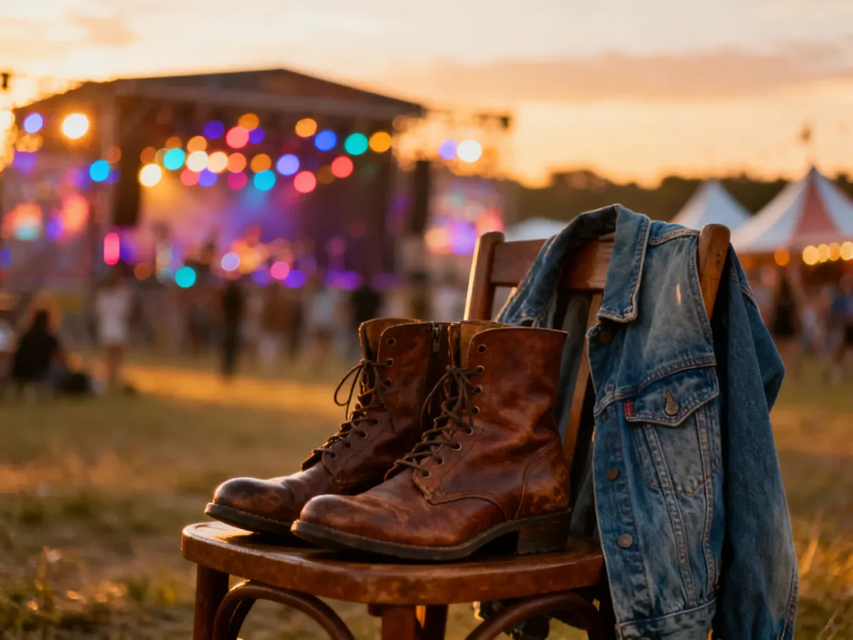 Skórzane botki i jeansowa kurtka przygotowane na festiwal w tle oświetlonej zachodem słońca sceny muzycznej.