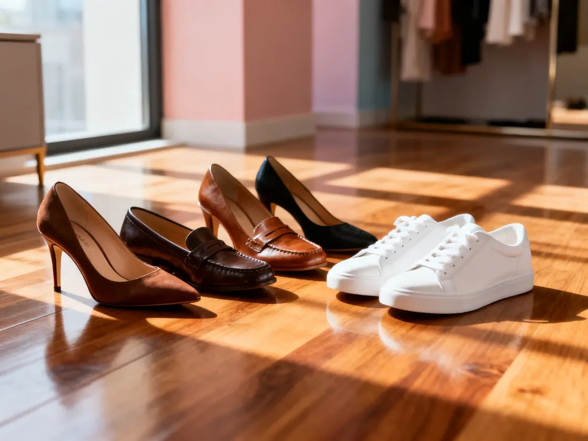 Różnorodne modele damskiego obuwia, od eleganckich szpilek po sneakersy, ustawione na drewnianej podłodze w słonecznym pokoju.