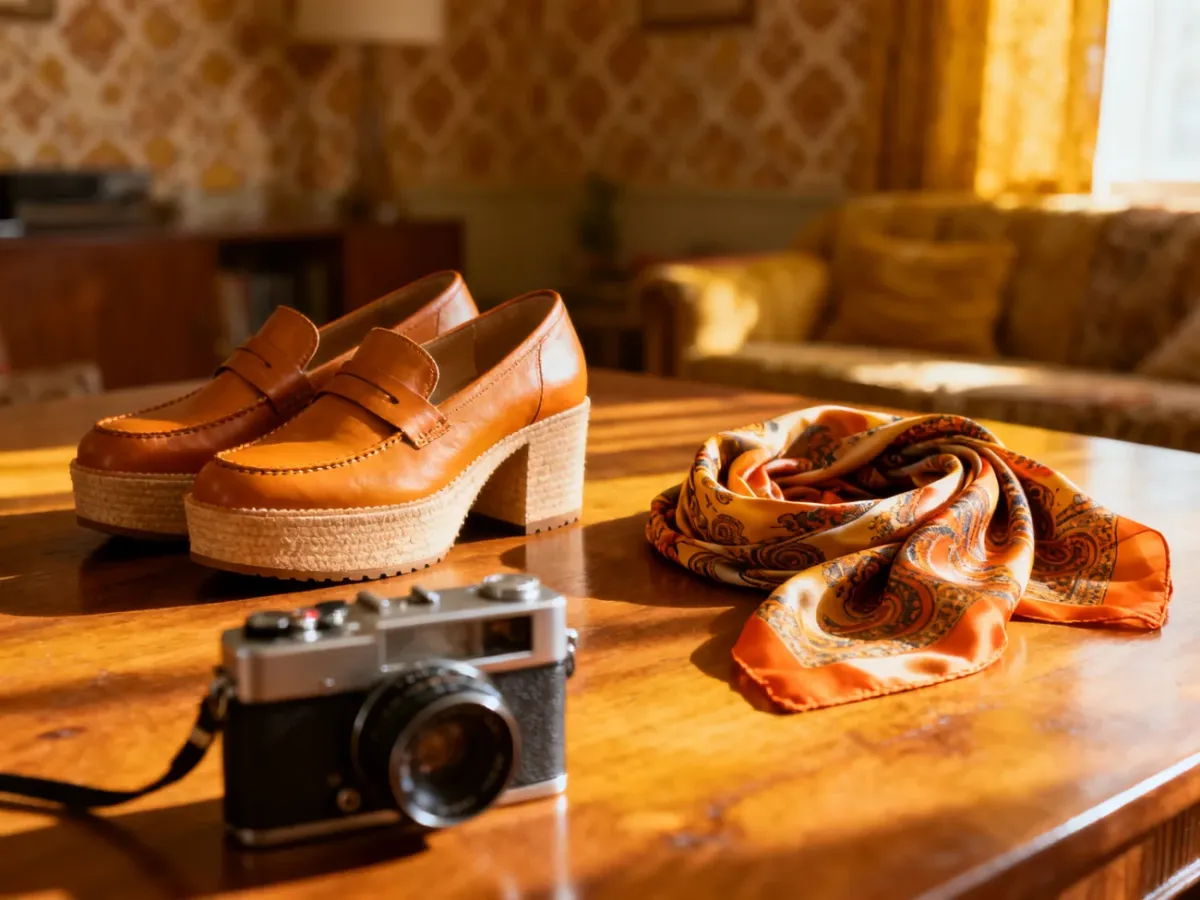 Skórzane buty na platformie, wzorzysta chusta i aparat analogowy na tle wnętrza w stylu lat 70. w ciepłych barwach.