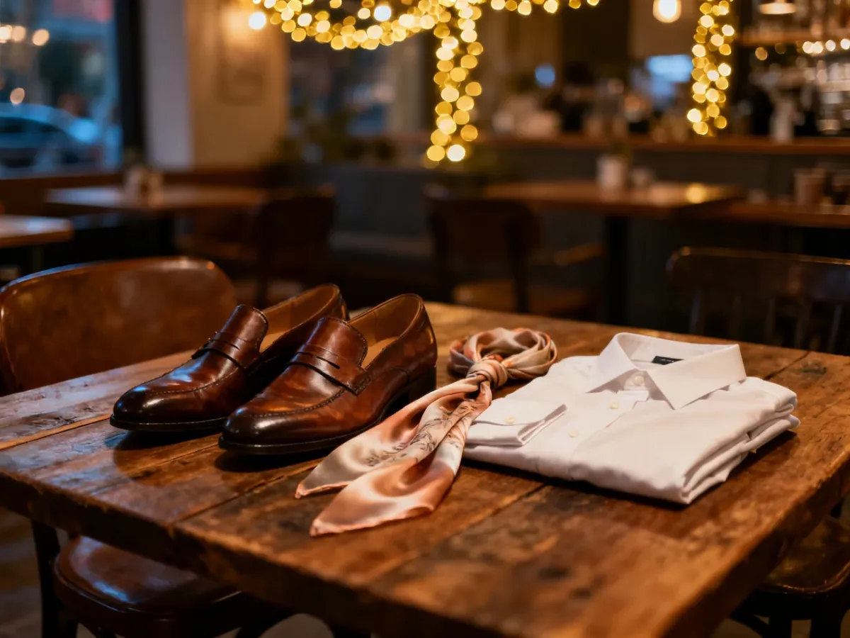 Elegancki zestaw ubrań na randkę: skórzane buty, koszula i jedwabny szal na drewnianym stole w klimatycznej kawiarni.