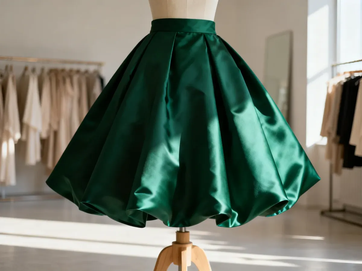 Elegancka, szmaragdowa spódnica z tafty o wyrazistym połysku, wyeksponowana na manekinie w nowoczesnym atelier.