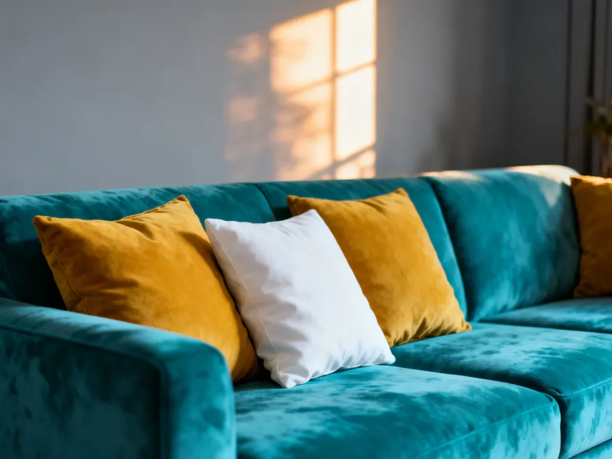 Turkusowa sofa z musztardowymi i białymi poduszkami na tle szarej ściany, prezentująca harmonijne zestawienie kolorystyczne.