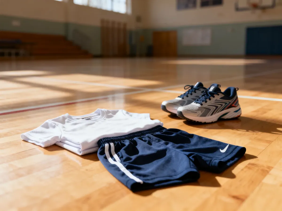 Zestaw chłopięcej odzieży sportowej: biała koszulka, granatowe spodenki i buty sportowe przygotowane na lekcję WF-u.