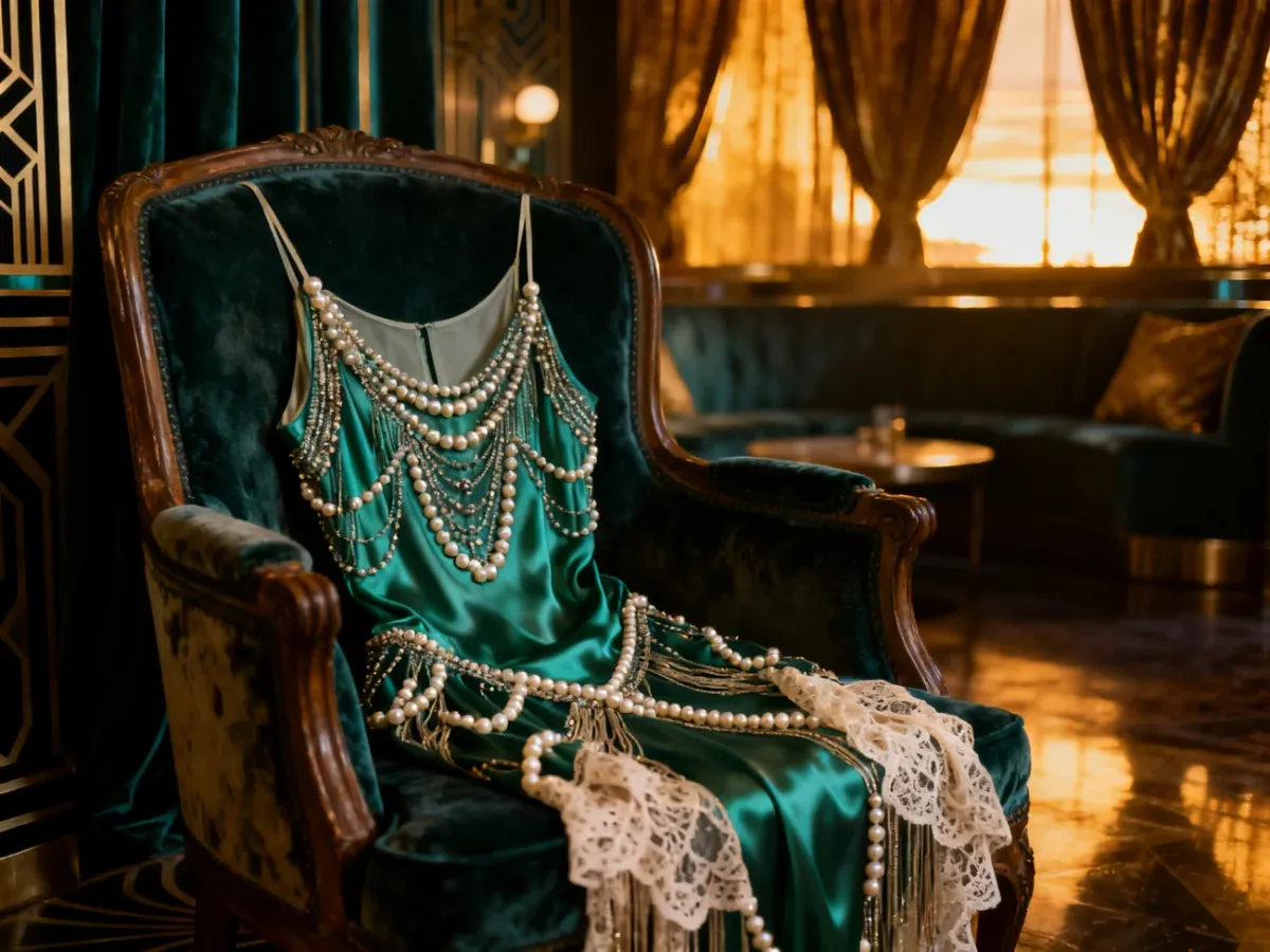 Elegancka sukienka typu flapper z koralikami i koronką na zabytkowym krześle w klimacie art deco lat 20.