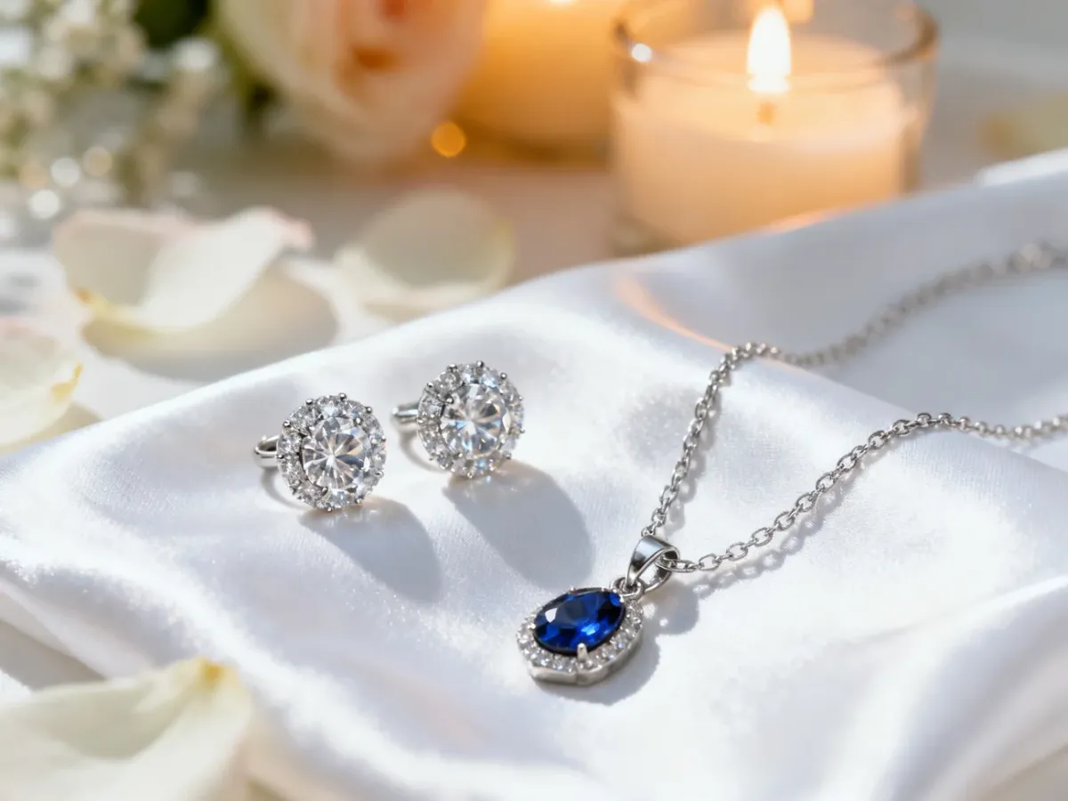 Elegancki zestaw ślubnej biżuterii z diamentowymi kolczykami i naszyjnikiem z szafirem na białej satynie.