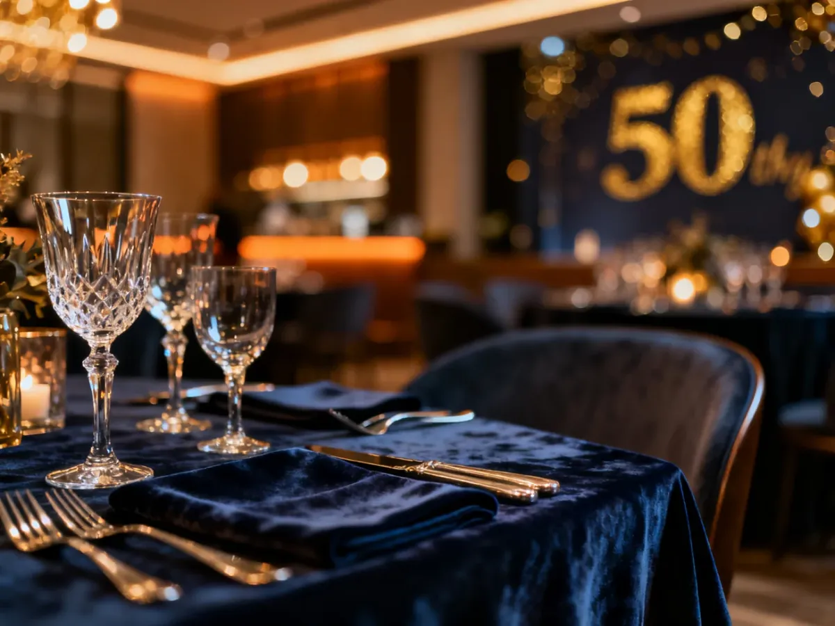 Elegancko nakryty stół w restauracji przygotowany na uroczyste przyjęcie z okazji 50. urodzin.