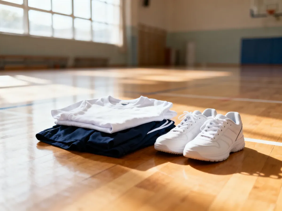 Starannie ułożony zestaw stroju na WF: biała koszulka, granatowe spodenki i sportowe buty na drewnianej podłodze sali.