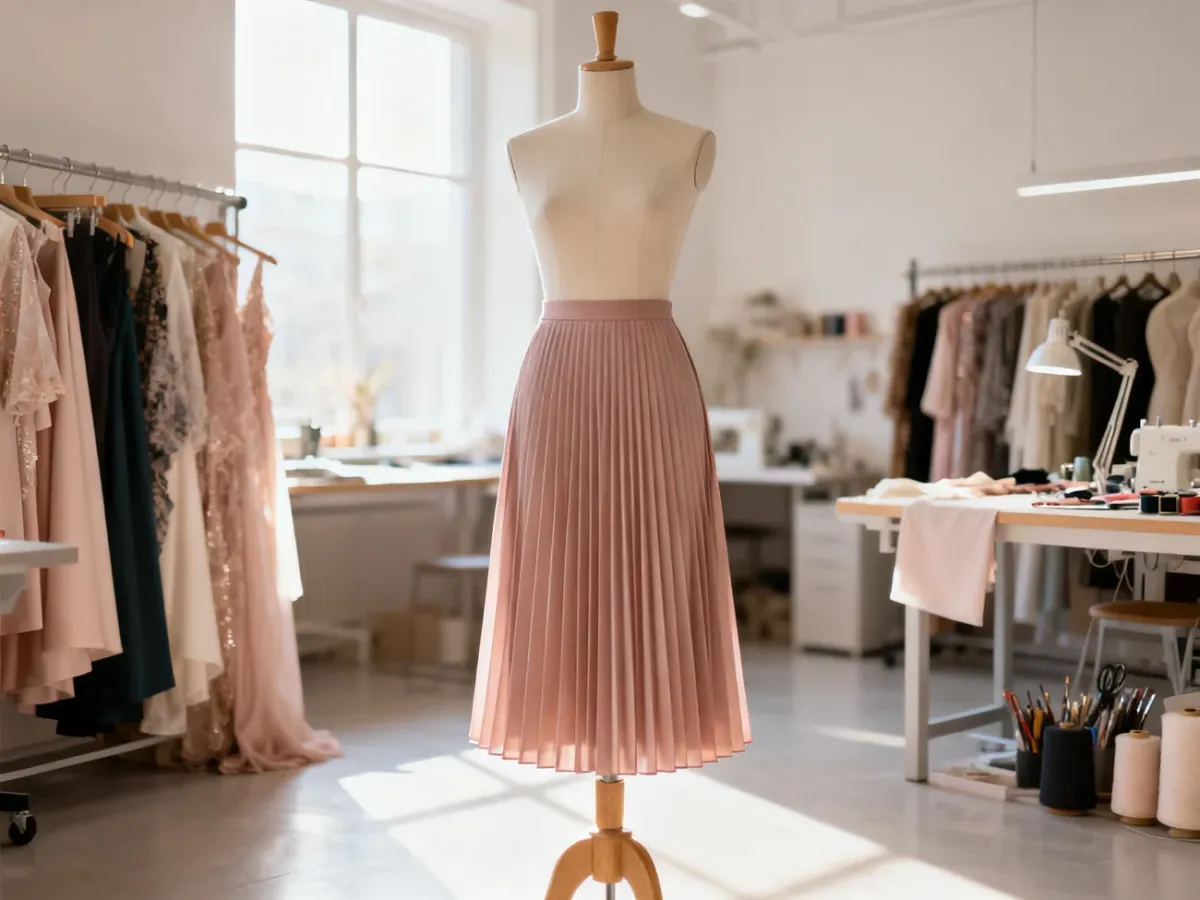 Elegancka plisowana spódnica midi w pastelowym odcieniu wyeksponowana na manekinie w profesjonalnym atelier.