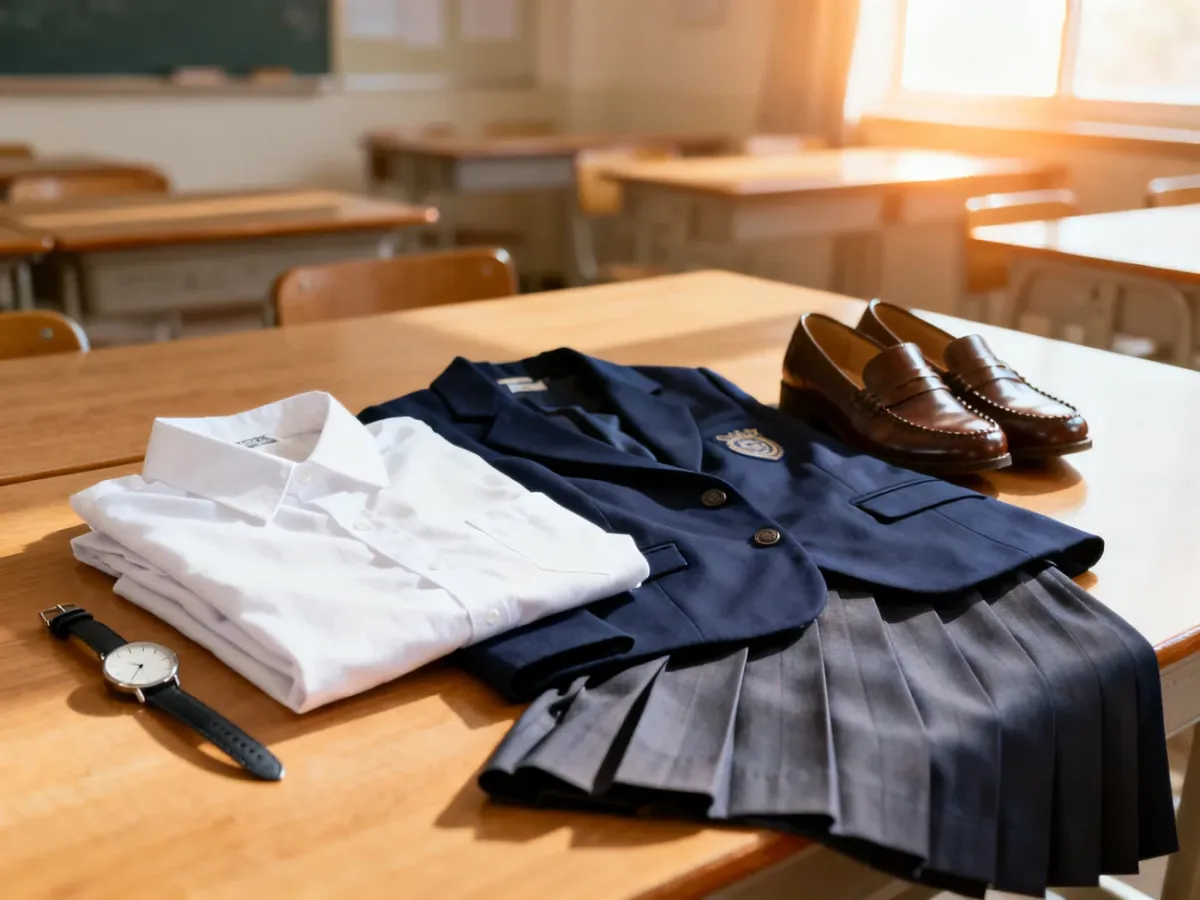 Elegancki zestaw ubrań na zakończenie roku szkolnego: biała koszula, granatowa marynarka, spódnica i klasyczne mokasyny.