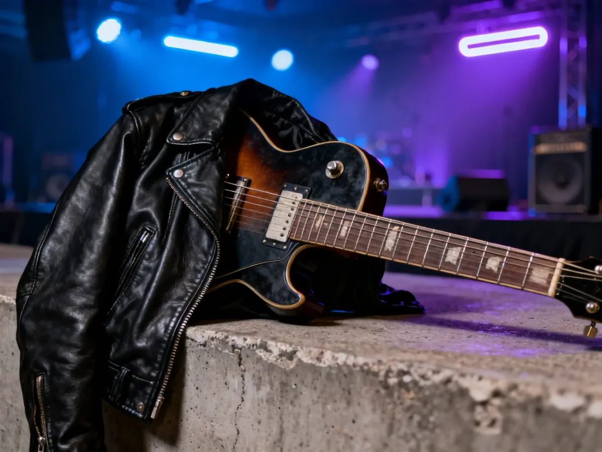 Czarna skórzana kurtka na gitarze elektrycznej na tle koncertowej sceny, budująca rockowy klimat stylizacji.