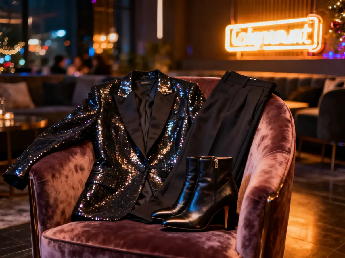 Elegancka stylizacja na dyskotekę: cekinowa marynarka, dopasowane spodnie i skórzane botki na obcasie w nastrojowym wnętrzu.