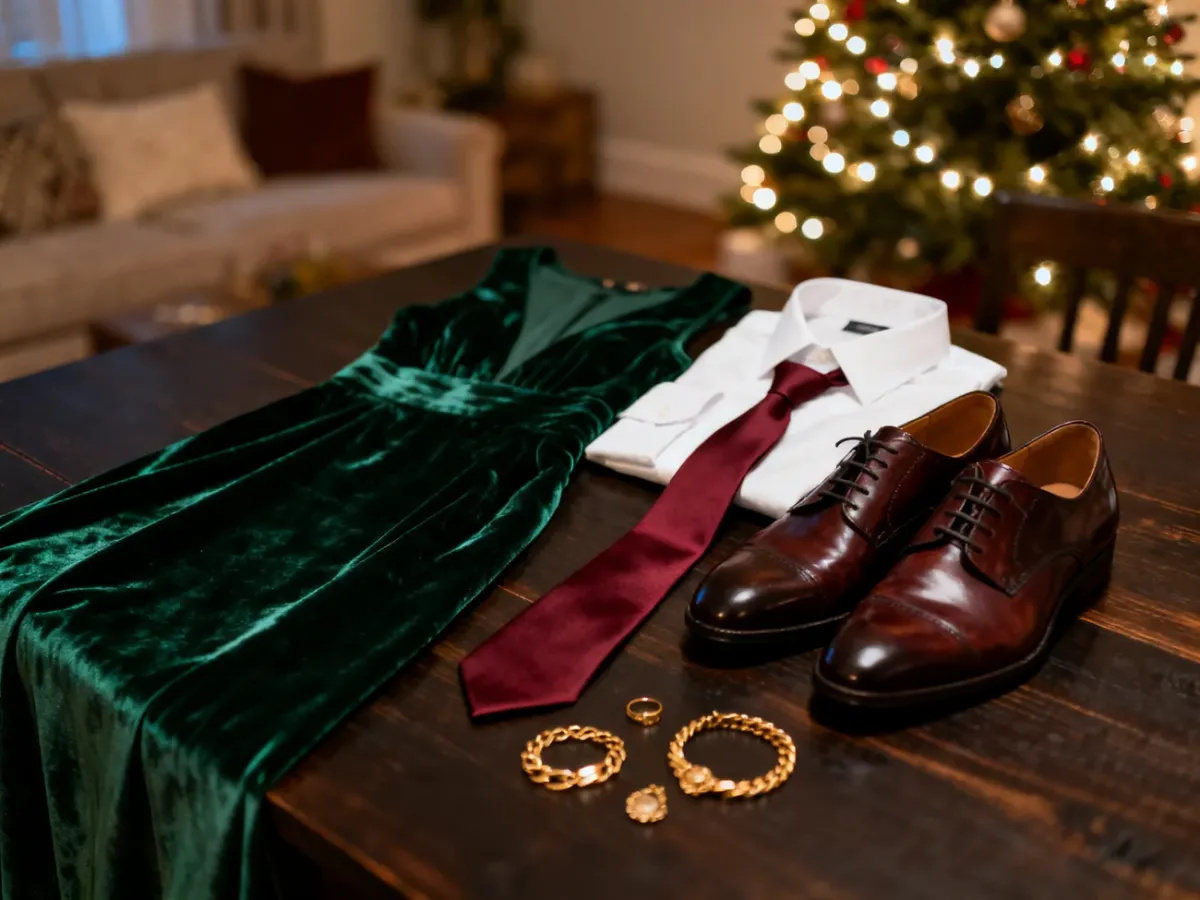 Elegancka stylizacja wigilijna: szmaragdowa sukienka, biała koszula z bordowym krawatem oraz dodatki na tle świątecznego wnętrza.